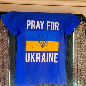 Pray for Ukraine t shirt this one is med v neck. Tell me size and color if diffe